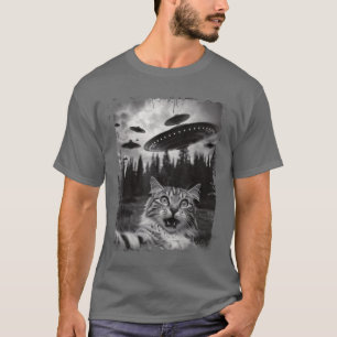 T-shirt Selfie De Chat Avec Ufo Alien Funny Cat Graphique