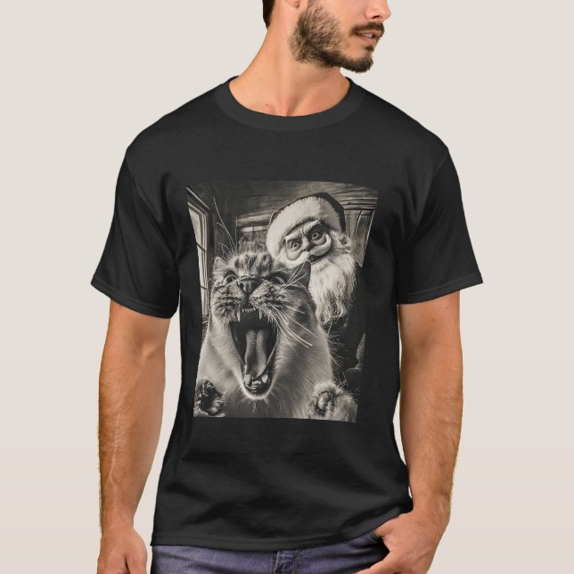 T-shirt Selfie De Chat Drôle Avec Noël Père Noël (Devant)