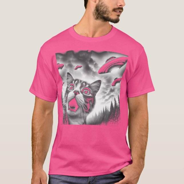 T-shirt Selfie De Chat Drôle Avec Ufos (Devant)