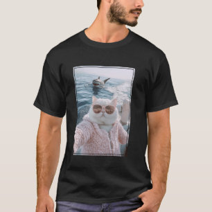 T-shirt Selfie de chat gras cool sur bateau yacht avec req
