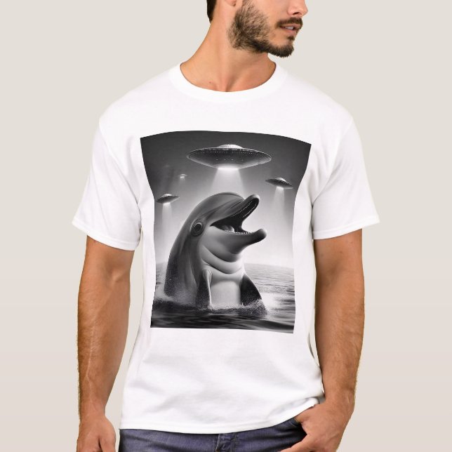 T-shirt Selfie de dauphin Alien Dauphin UFO Racoon avec OV (Devant)