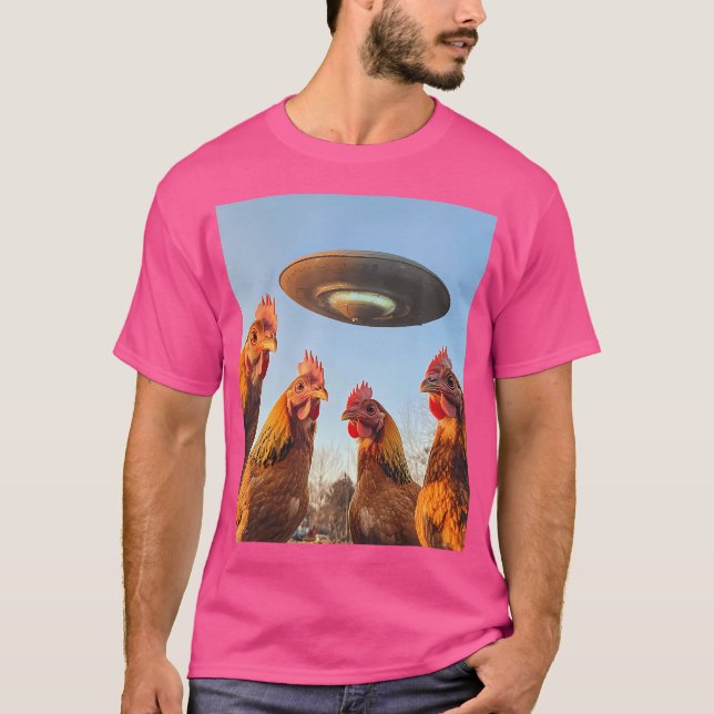 T-shirt Selfie De Poulet Avec Ufos Aliens Drôle Graphique (Devant)
