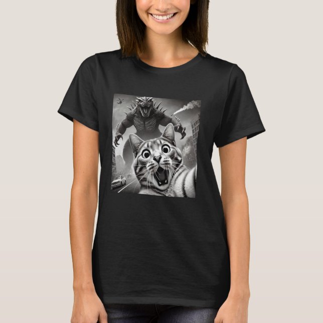 T-shirt selfie drôle chat surpris humour kaiju constructio (Devant)