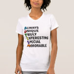 T-shirt sensibilisation sur l'autisme Acrostique mignon po<br><div class="desc">Un beau poème acrostique pour l'autisme. Toujours Unique Vraiment Intéressant Spécial Mémorable. De grands attributs positifs d'être autiste pour vous montrer sont fiers d'être sur le spectre. Les acronymes sont si cool.</div>