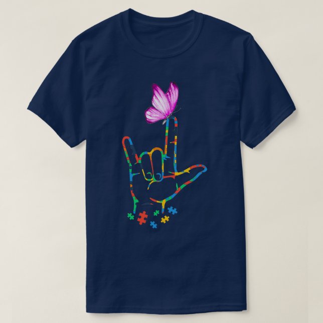 T-shirt Sensibilisation sur l'autisme papillon ASL Langue  (Design devant)