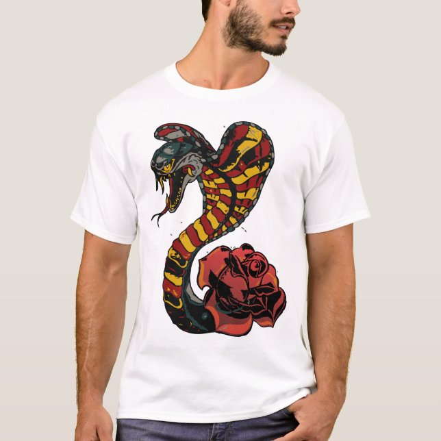 T-shirt serpent cobra old school tattoo rose fleur  (Devant)