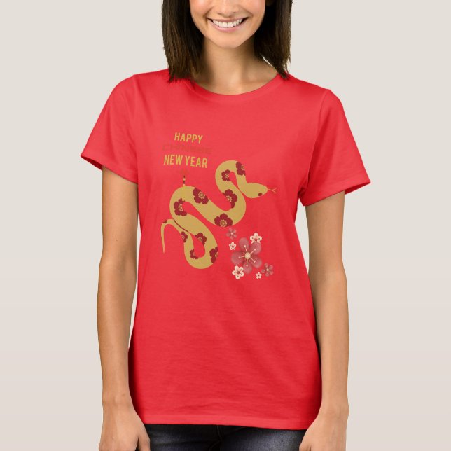 T-shirt Serpent Motif Fleur Joyeux Nouvel An Chinois Rouge (Devant)