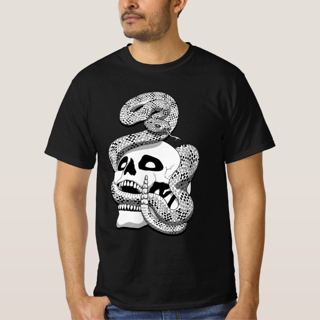T-shirt Serpent noir et blanc gothique et crâne art foncé (Devant)