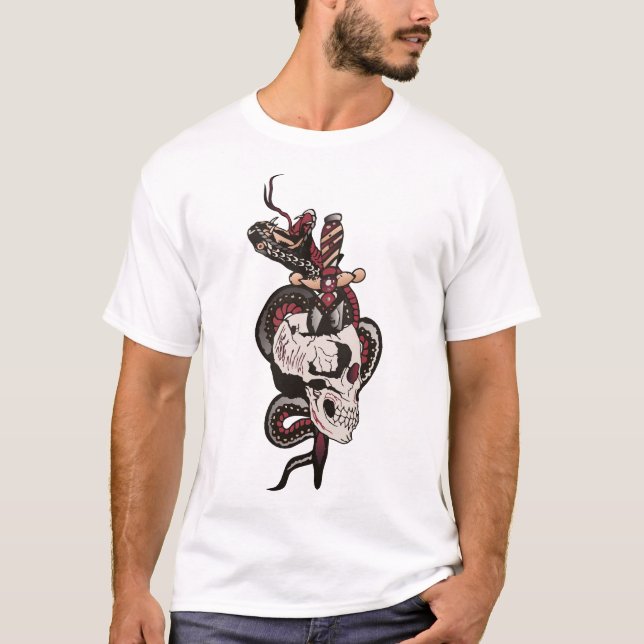 T-shirt serpent old school tete de mort tattoo crane dague (Devant)