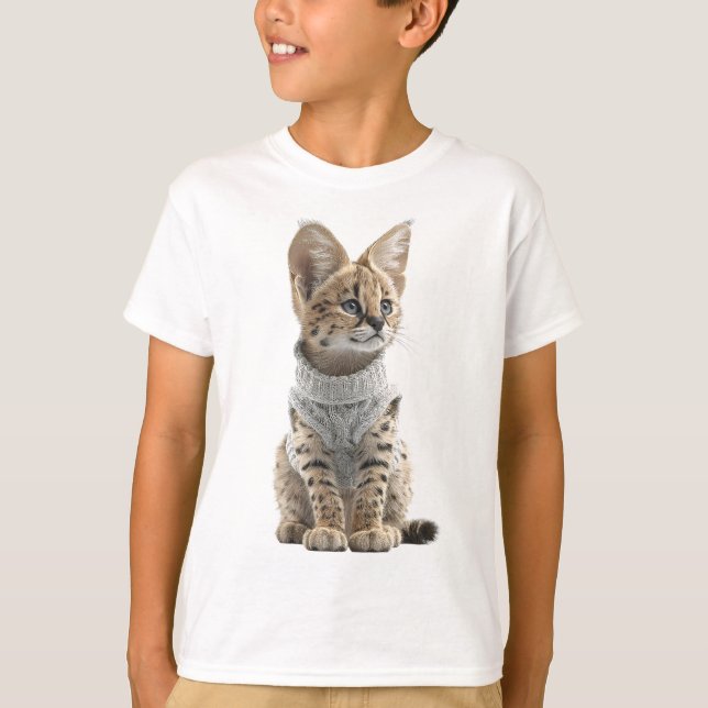 T-shirt Serval Chaton Douillet en Pull Gris pour Enfants (Devant)