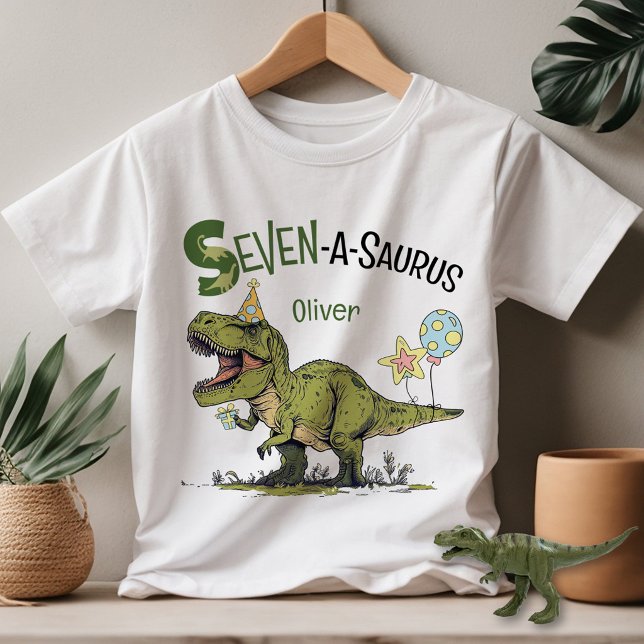 T-shirt Seven-A-Saurus Dinosaur Custom Name 7th Birthday (Cute Seven-A-Saurus T-Rex dinosaur theme boy 7th birthday party guest of honor kids youth t-shirt)