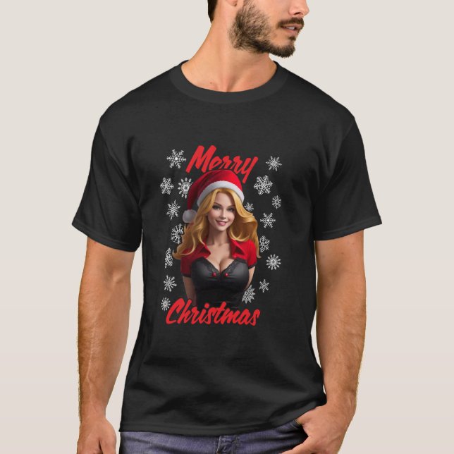T-shirt Sexy Girl Portant le chapeau de Père Noël Joyeux N (Devant)