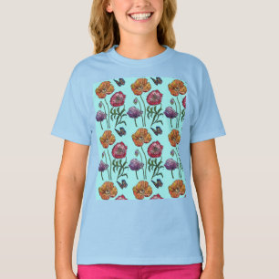 T-shirt Shabby Poppy Red Purple sur Aqua Nom personnalisab