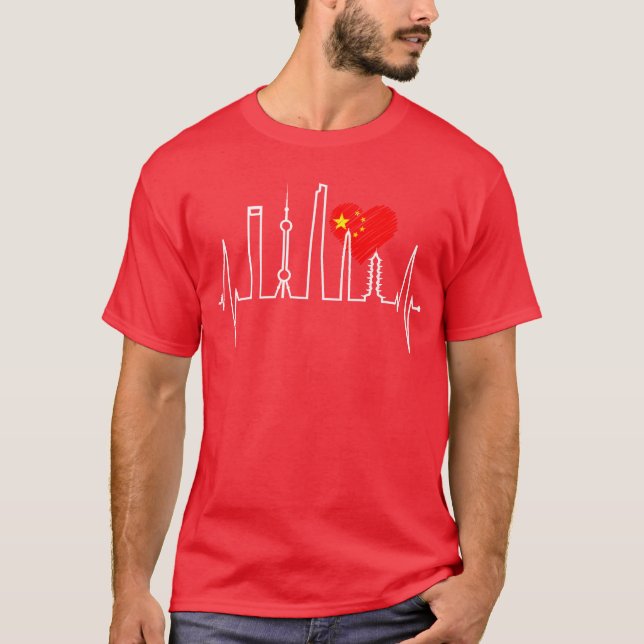 T-shirt Shanghai Skyline Heartbeat Heart China I Love Asia (Devant)