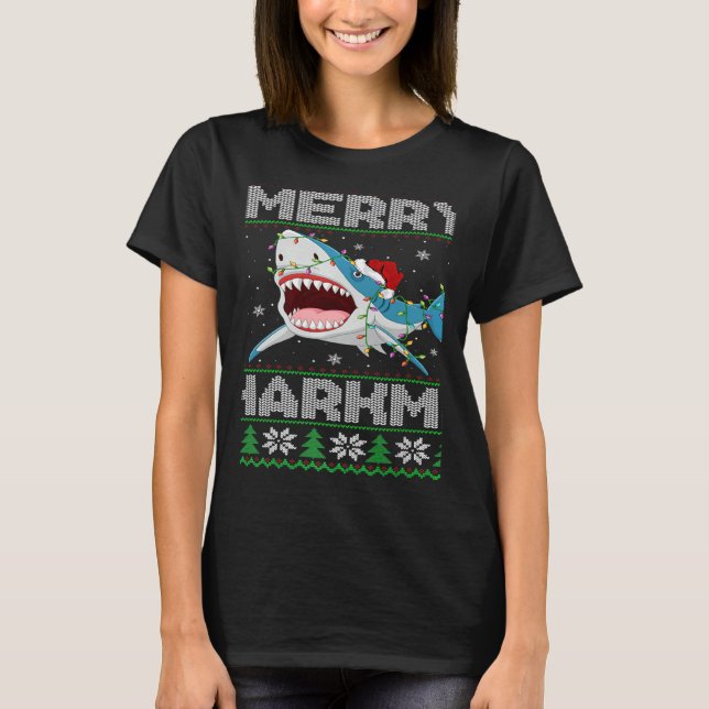 T-shirt Shark Christmas Lights Shark Ugly Merry Sharkmas (Devant)