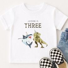 Shark & Dino 3e Birthday Shirt, T-rex Shark Party