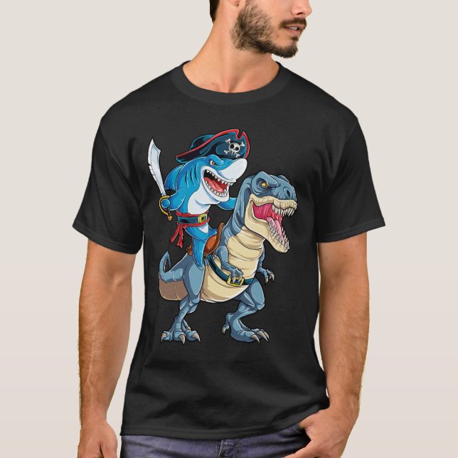 T-shirt Shark Pirate Dinosaur T rex T Shirt Jawsome Boys  (Devant)