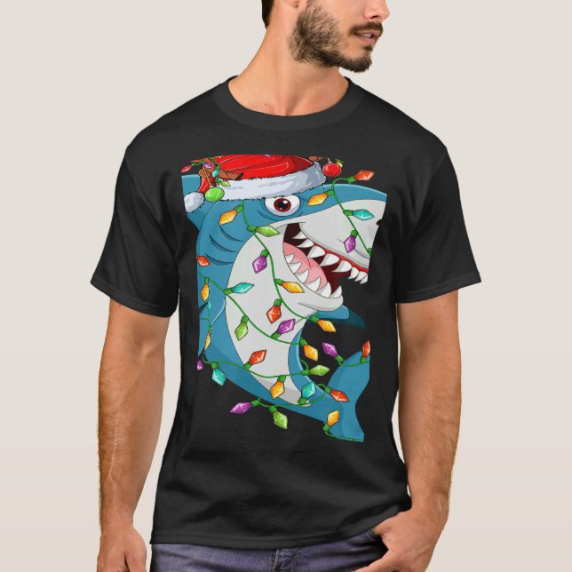 T-shirt Shark Xmas Lights Reindeer Santa Shark Christmas (Devant)