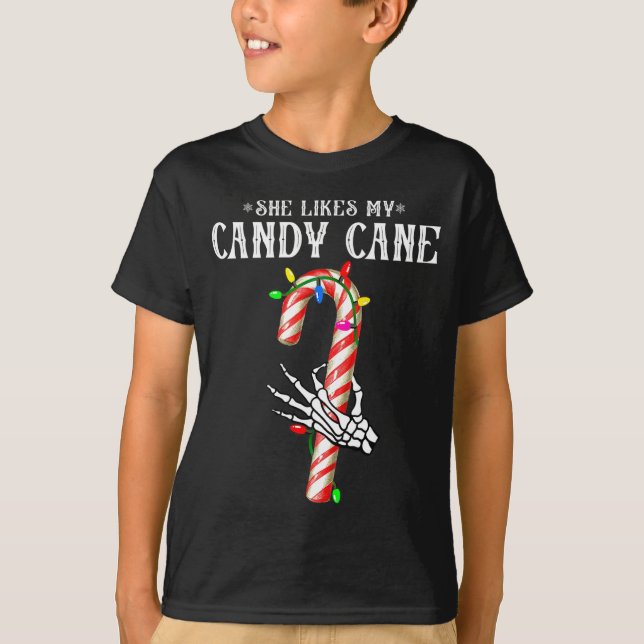 T-shirt She Likes My Candy Cane Skeleton Couples Christmas (Devant)