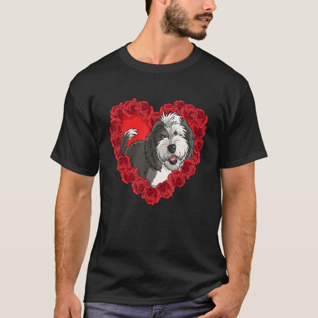 T-shirt Sheepadoodle Heart Roses Valentine Day Dog Mom (Devant)