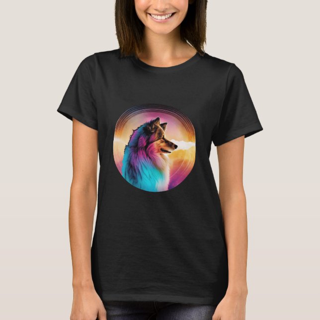 T-shirt Shetland Sheepdog Synthwave 80s Retrowave Aestheti (Devant)