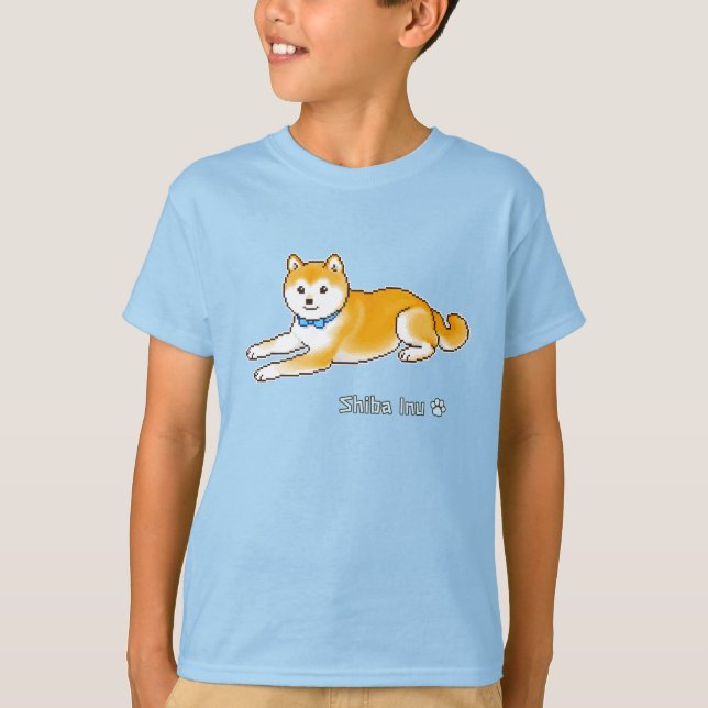 T-shirt Shiba Inu Avec Col Bleu Clair Pixel Art (Devant)