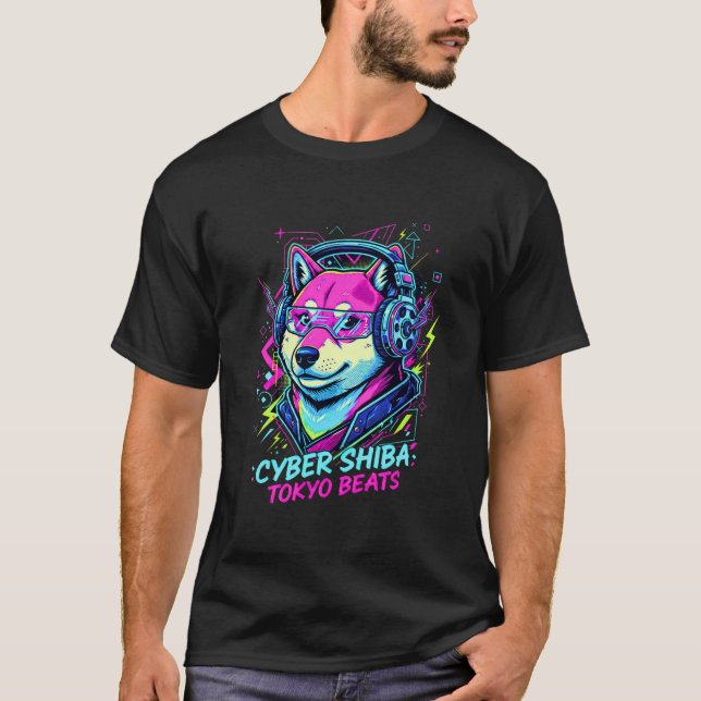 T-shirt Shiba Inu Cassette DJ - Neon Cyberpunk Tokyo (Devant)