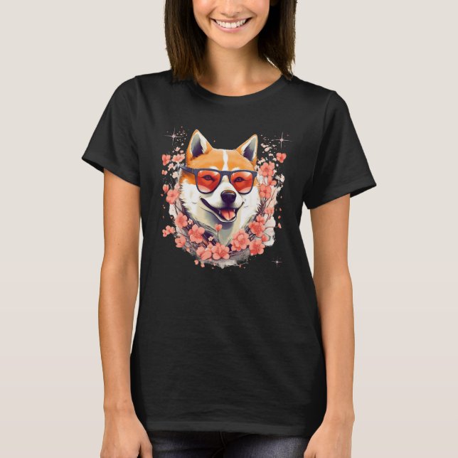 T-shirt Shiba Inu Chien Japonais Fleur de cerisier Sakura  (Devant)