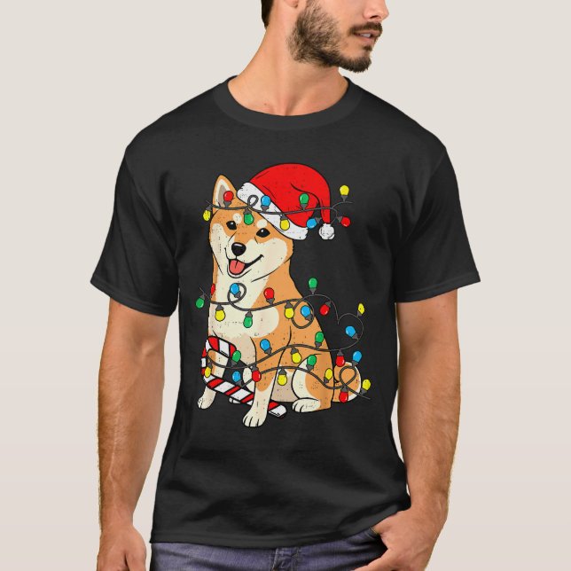 T-shirt Shiba Inu Dog Christmas Lights Santa Xmas Pet Dog  (Devant)