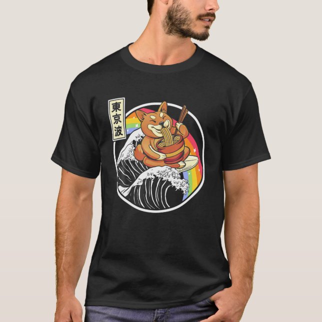 T-shirt Shiba Inu Manger Ramen Surf Kanagawa Wave Japan (Devant)