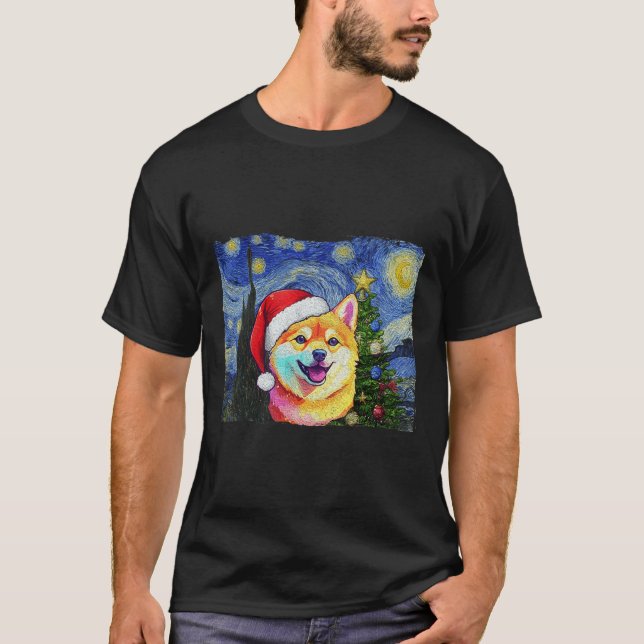 T-shirt Shiba Inu Santa Hat Noël Starry Night Art Chien (Devant)