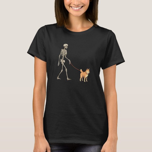 T-shirt Shiba Inu Skeleton Dog Walking Halloween Dog (Devant)