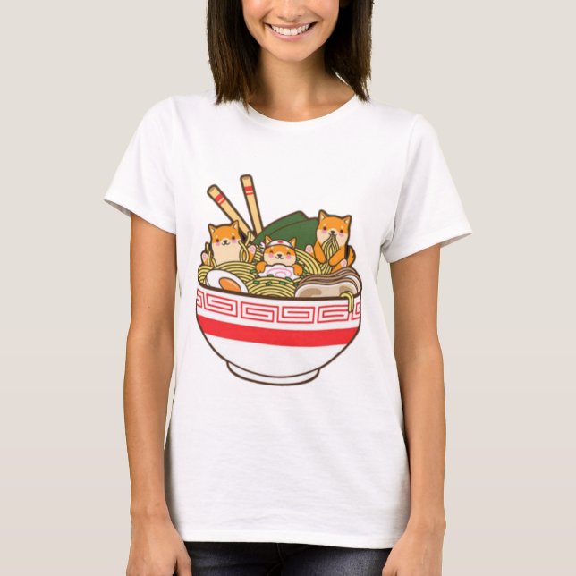 T-shirt Shibas Inu Manger Ramen Noodles T Shirt, Kawaii (Devant)