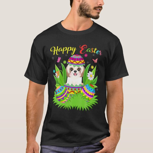 T-shirt Shih Tzu Amoureux des chiens Floral Oeuf de Pâques (Devant)