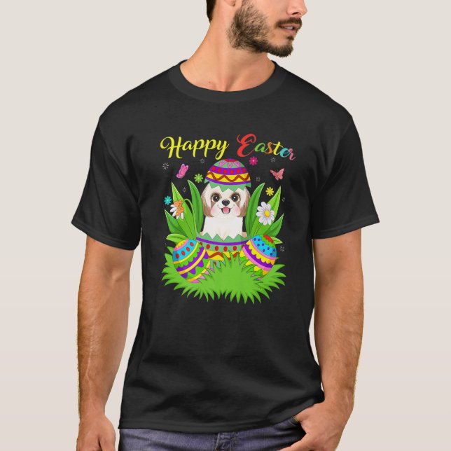 T-shirt Shih Tzu Amoureux des chiens Floral Oeuf de Pâques (Devant)