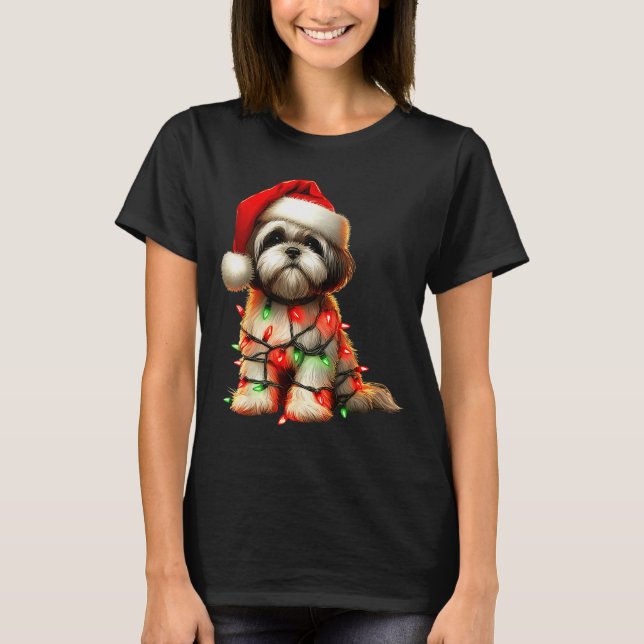 T-shirt Shih Tzu Dog Christmas Lights Santa Hat Dog Lover  (Devant)