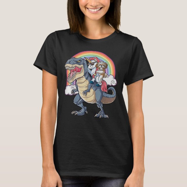T-shirt Shih Tzu Et Unicorn Ride T Rex Comme Boss (Devant)
