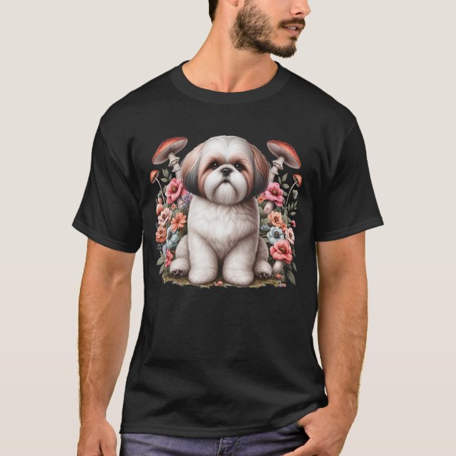 T-shirt Shih Tzu Flore esthétique de champignon pour fille (Devant)