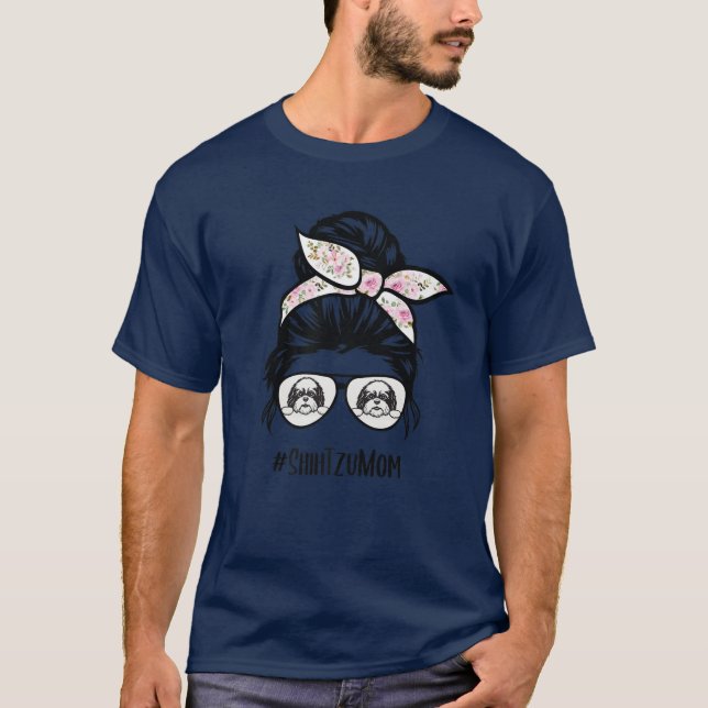 T-shirt Shih Tzu Maman Messy Bun Lunettes de cheveux (Devant)