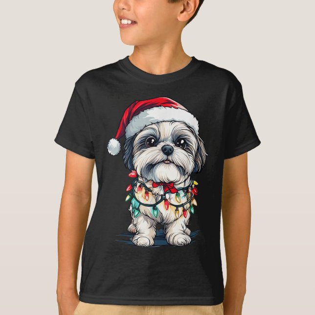 T-shirt Shih Tzu Père Noël Jeu de Noël Lumières Noël Aimer (Devant)