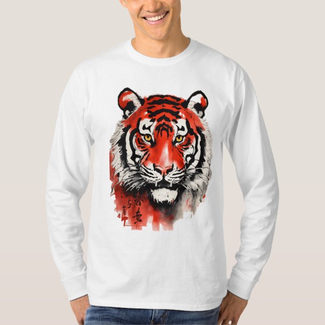 T-shirt shuǐ mò huà, 水 画 墨, encre noire et rouge, un tigre (Devant)