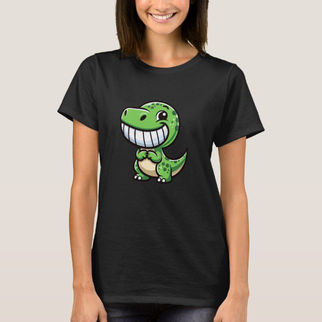 T-shirt Shy Dino Cartoon Trex Showing Teeth Happy Friendly (Devant)