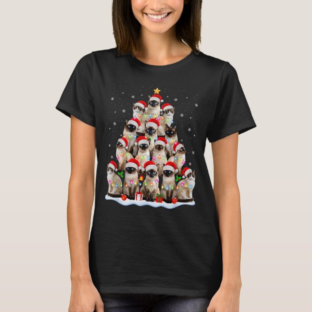 T-shirt Siamese Cat Christmas Tree Lights Xmas Catmas Cat  (Devant)