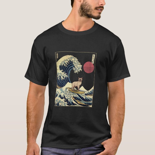 T-shirt Siamese Chat Japonais Kanagawa Vave Funny Surf Ani (Devant)