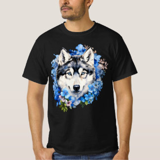 T-shirt Siberian Husky Blue Floral Watercolor Portrait
