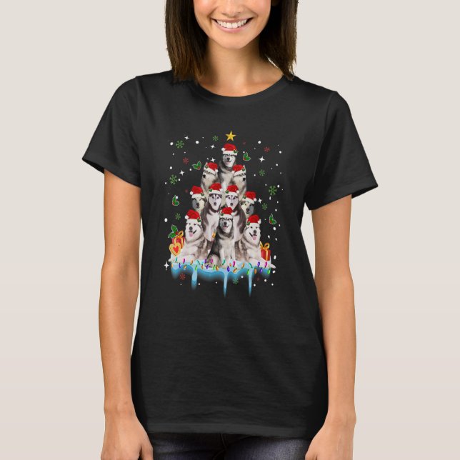 T-shirt Siberian Husky Christmas Dog Tree Lights Pajamas F (Devant)