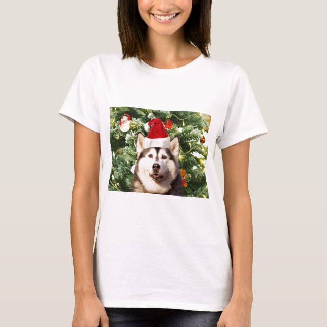 T-shirt Sibérie Husky Arbre de Noël Ornements Snowman (Devant)