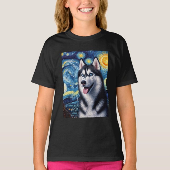 T-shirt Sibérie Husky Chien Art Van Gogh Starry Nuit Siber (Devant)