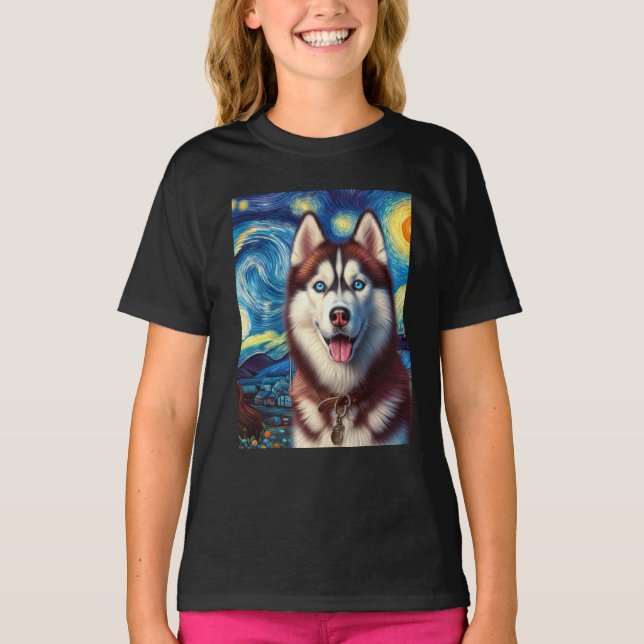 T-shirt Sibérie Husky Chien Art Van Gogh Starry Nuit Siber (Devant)