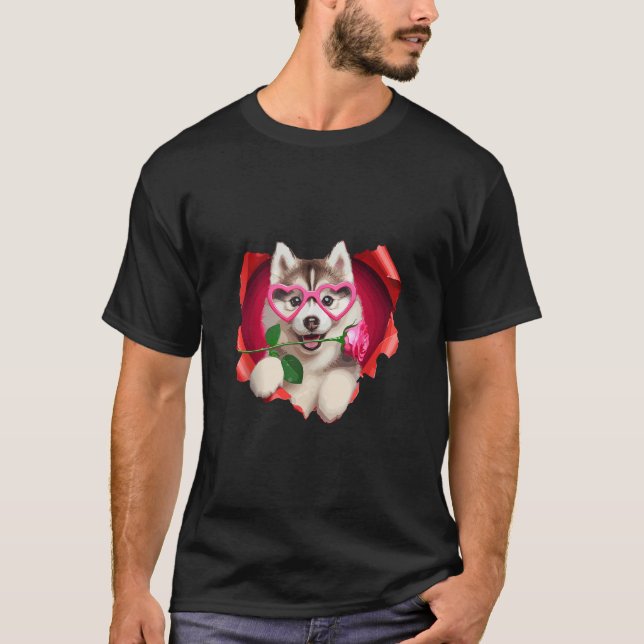 T-shirt Sibérie Husky Chien Lunettes de coeur Rose de Love (Devant)